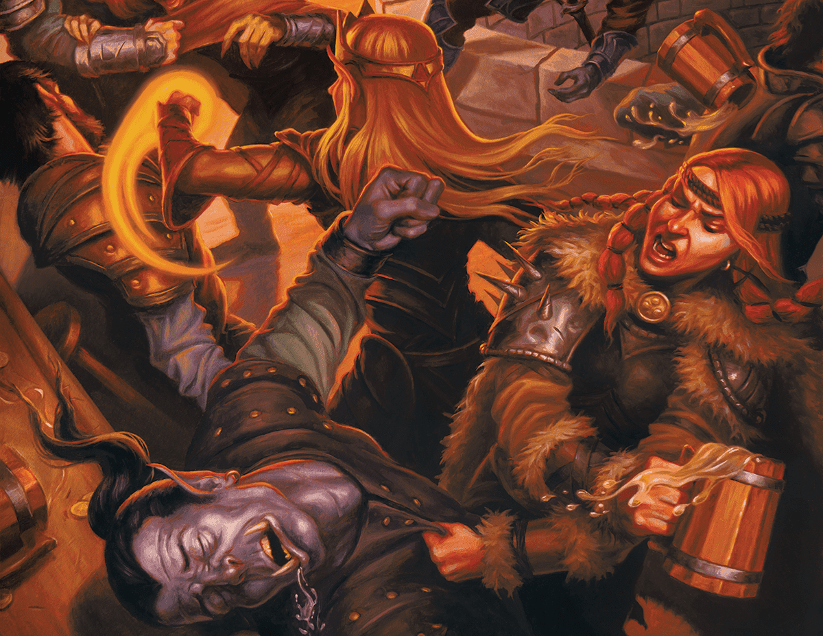 Artwork for Dungeons & Dragons showing a bar fight between different tavern brawlers.