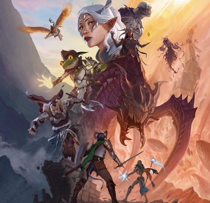 Artwork from Daggerheart depicting the front cover of the core rulebook