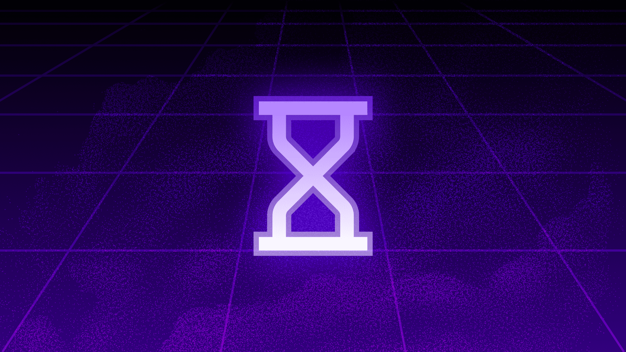 A stylized hourglass icon in white/light purple against a dark purple background with a grid pattern. 