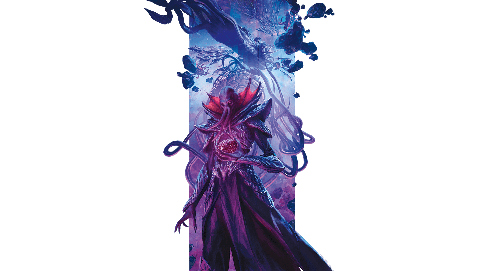 Artwork of a Mind Flayer for Dungeons & Dragons, with an Elder Brain, and a Nautiloid in the background.