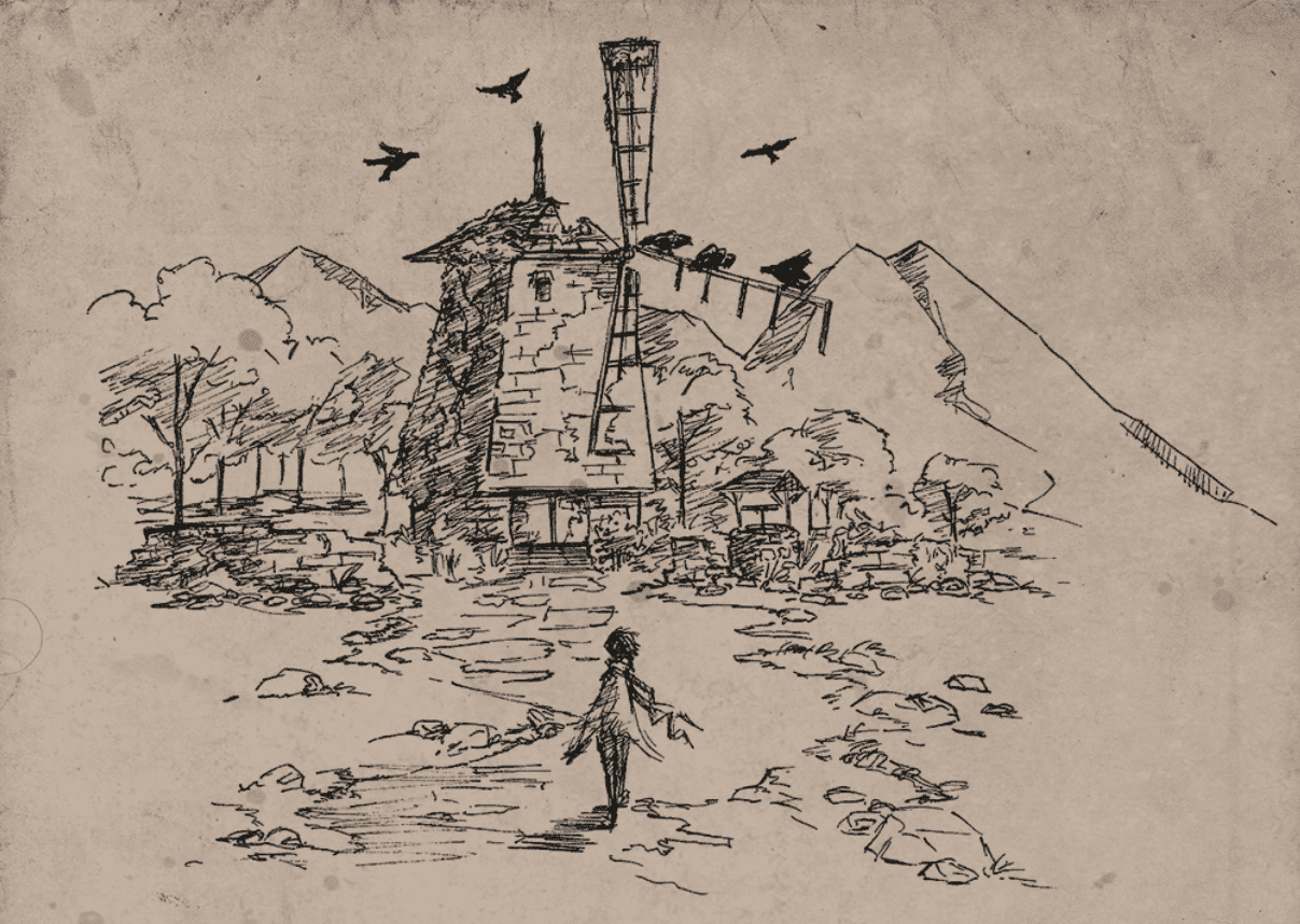 Artwork for The Quiet Year RPG, depicting a lone figure looking at a windmill
